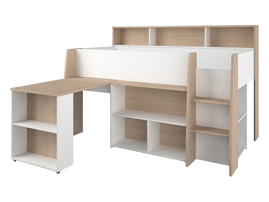 Vente-unique Lit combiné 90 x 200 cm avec bureau et rangements - Blanc et naturel - APOLINO Online