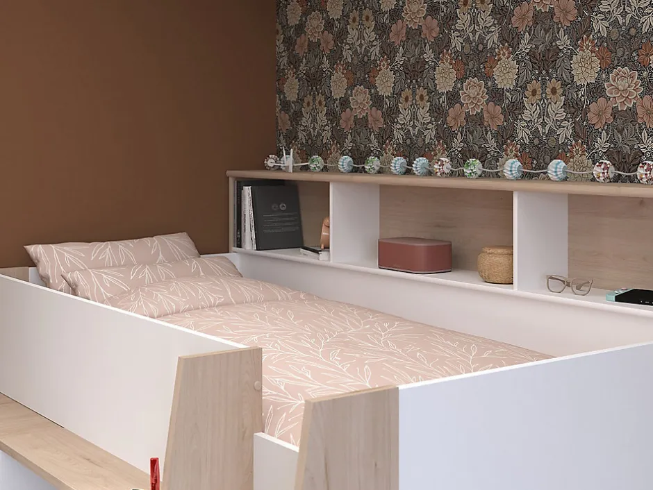 Vente-unique Lit combiné 90 x 200 cm avec bureau et rangements - Blanc et naturel - APOLINO Online