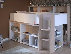 Vente-unique Lit combiné 90 x 200 cm avec bureau et rangements - Blanc et naturel - APOLINO Online