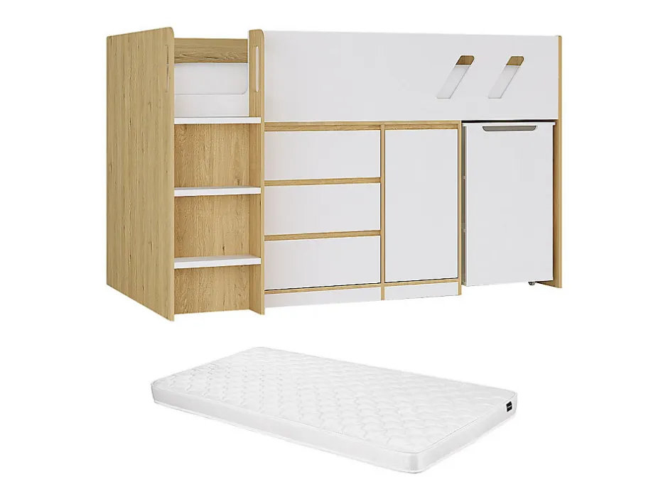 Enfant Vente-unique Lit combiné 90 x 190 cm avec bureau et rangements - Coloris : Naturel et blanc + Matelas - SAGITI