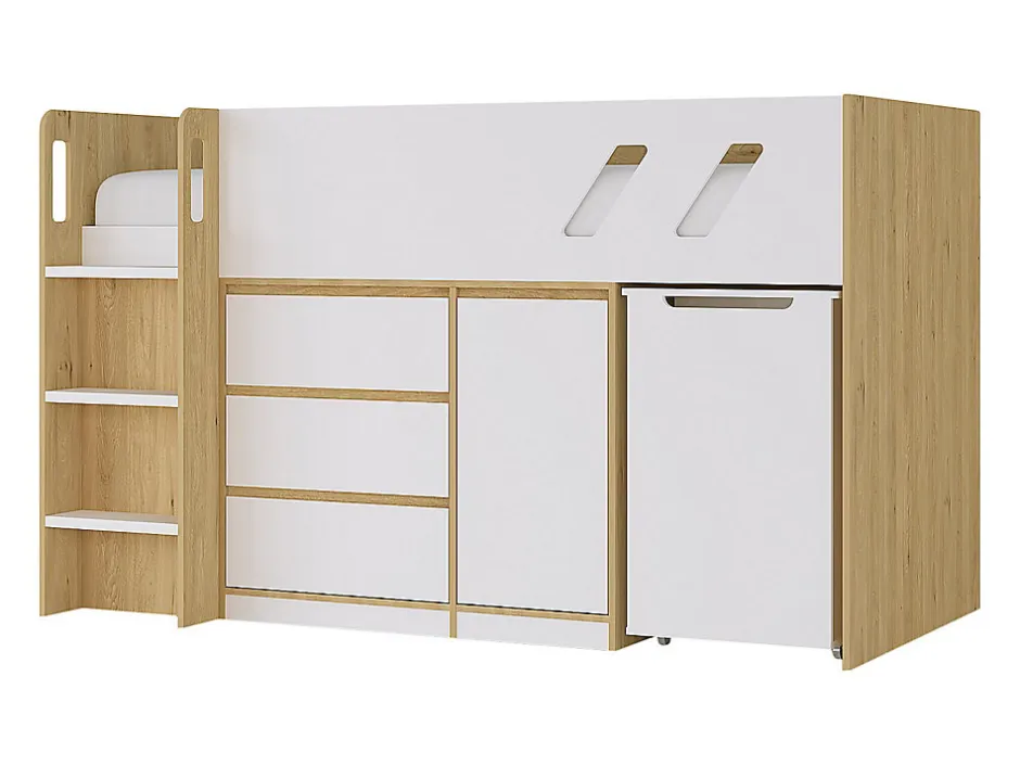 Enfant Vente-unique Lit combiné 90 x 190 cm avec bureau et rangements - Coloris : Naturel et blanc + Matelas - SAGITI