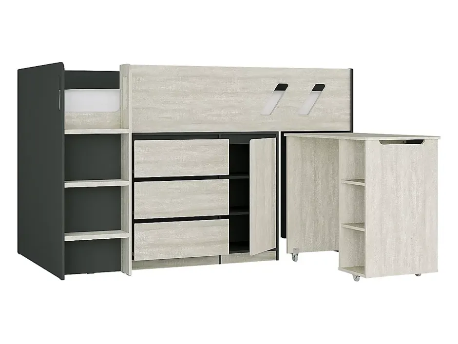 Vente-unique Lit combiné 90 x 190 cm avec bureau et rangements - Coloris : Anthracite et naturel grisé - SAGITI Hot