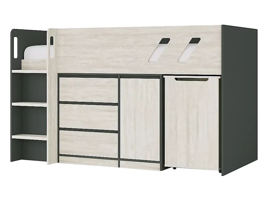 Vente-unique Lit combiné 90 x 190 cm avec bureau et rangements - Coloris : Anthracite et naturel grisé - SAGITI Hot