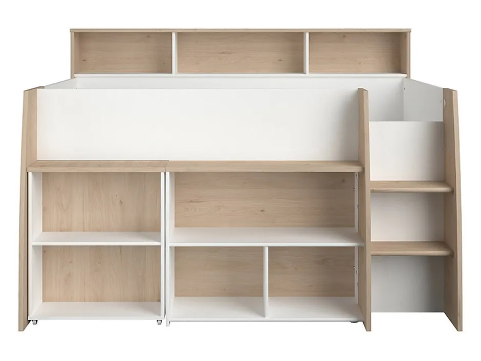 Enfant Vente-unique Lit combiné 90 x 200 cm avec bureau et rangements - Blanc et naturel + Matelas - APOLINO