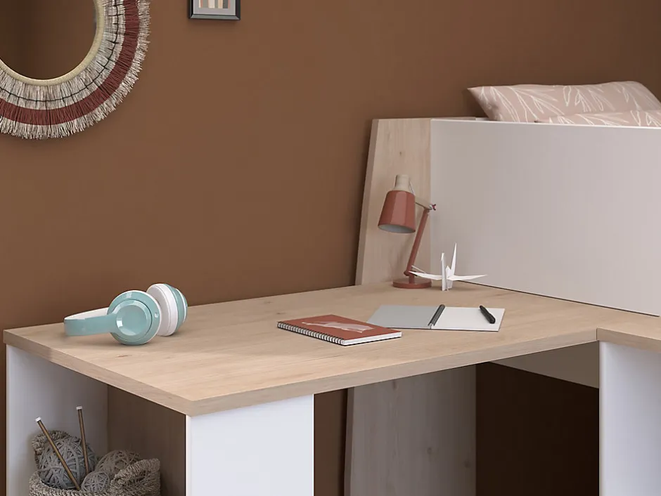 Enfant Vente-unique Lit combiné 90 x 200 cm avec bureau et rangements - Blanc et naturel + Matelas - APOLINO