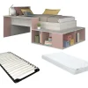 Enfant Vente-unique Lit combiné 90 x 200 cm avec rangements et bureau - Coloris : Naturel et rose + Sommier + Matelas - RIGALI