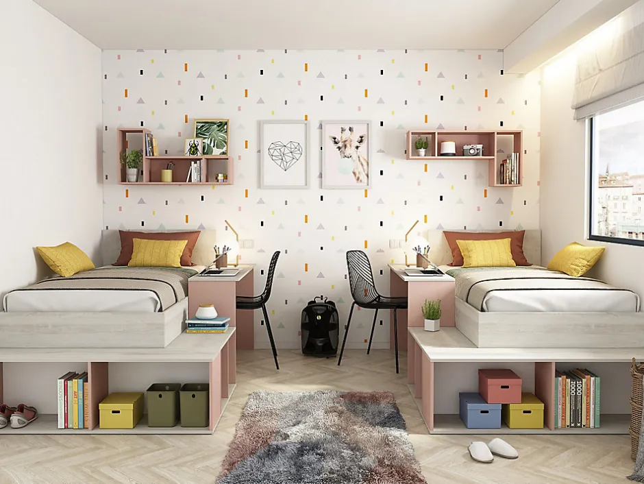 Enfant Vente-unique Lit combiné 90 x 200 cm avec rangements et bureau - Coloris : Naturel et rose + Sommier + Matelas - RIGALI