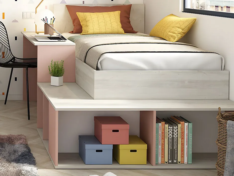 Enfant Vente-unique Lit combiné 90 x 200 cm avec rangements et bureau - Coloris : Naturel et rose + Sommier + Matelas - RIGALI