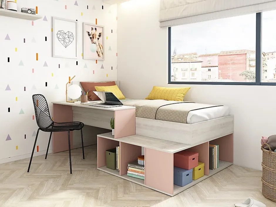 Vente-unique Lit combiné 90 x 200 cm avec rangements et bureau - Coloris : Naturel et Rose - RIGALI