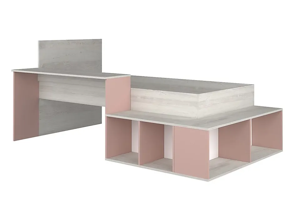 Vente-unique Lit combiné 90 x 200 cm avec rangements et bureau - Coloris : Naturel et Rose - RIGALI
