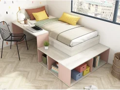 Vente-unique Lit combiné 90 x 200 cm avec rangements et bureau - Coloris : Naturel et Rose - RIGALI