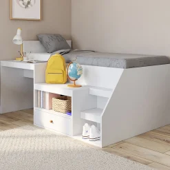 IDMarket Lit combiné avec sommier, bureau et rangement LEOPOLD 90 x 190 cm blanc