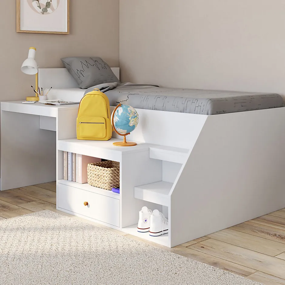 IDMarket Lit combiné avec sommier, bureau et rangement LEOPOLD 90 x 190 cm blanc