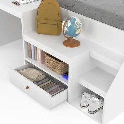 IDMarket Lit combiné avec sommier, bureau et rangement LEOPOLD 90 x 190 cm blanc