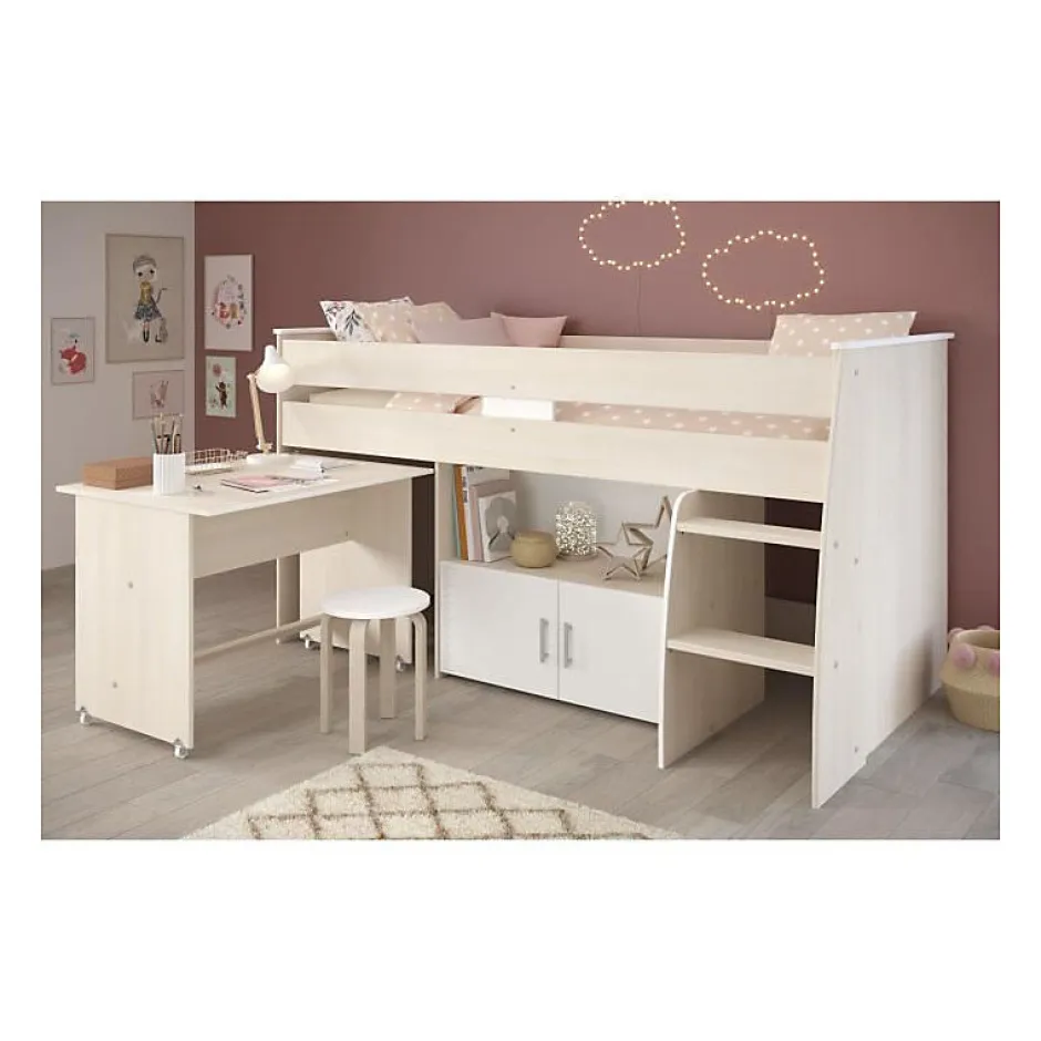 Parisot Lit combiné enfant ZOLA 90x200 cm - 2 portes - Avec bureau - Décor acacia clair et blanc - L 206,3 x H 110 x P 114/183 cm - PA New