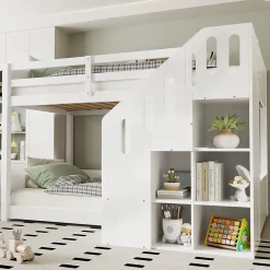 Enfant Okwish Lit Combiné 90x200 cm - Lit Superposé enfant avec Escaliers et Casier - Bois - Sans Matelas - Blanc