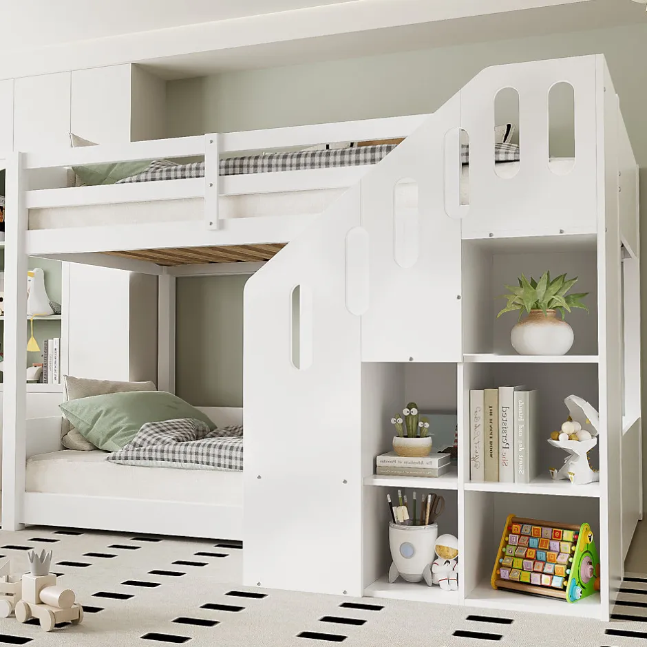 Enfant Okwish Lit Combiné 90x200 cm - Lit Superposé enfant avec Escaliers et Casier - Bois - Sans Matelas - Blanc