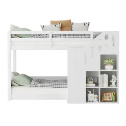 Enfant Okwish Lit Combiné 90x200 cm - Lit Superposé enfant avec Escaliers et Casier - Bois - Sans Matelas - Blanc