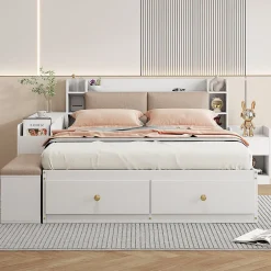 Redom Lit combiné 140x200 cm en bois massif avec tête de lit rangement tiroirs table de chevet armoire et banquette blanc New