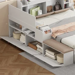 Redom Lit combiné 140x200 cm en bois massif avec tête de lit rangement tiroirs table de chevet armoire et banquette blanc New