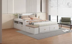 Redom Lit combiné 140x200 cm en bois massif avec tête de lit rangement tiroirs table de chevet armoire et banquette blanc New