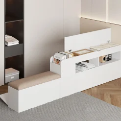 Redom Lit combiné 140x200 cm en bois massif avec tête de lit rangement tiroirs table de chevet armoire et banquette blanc New
