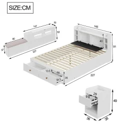 Redom Lit combiné 140x200 cm en bois massif avec tête de lit rangement tiroirs table de chevet armoire et banquette blanc New