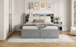 Redom Lit combiné 140x200 cm en bois massif avec tête de lit rangement tiroirs table de chevet armoire et banquette gris