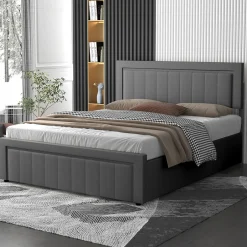 Concept Usine Lit contemporain avec coffre de rangement 140x190cm en velours gris - NASHVILLE Discount