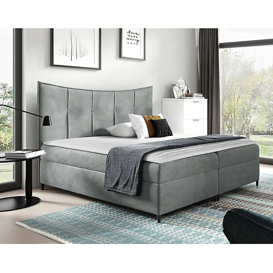 Mobilier1 Lit continental Baltimore 178, Double, Gris, Tissu, Disponible