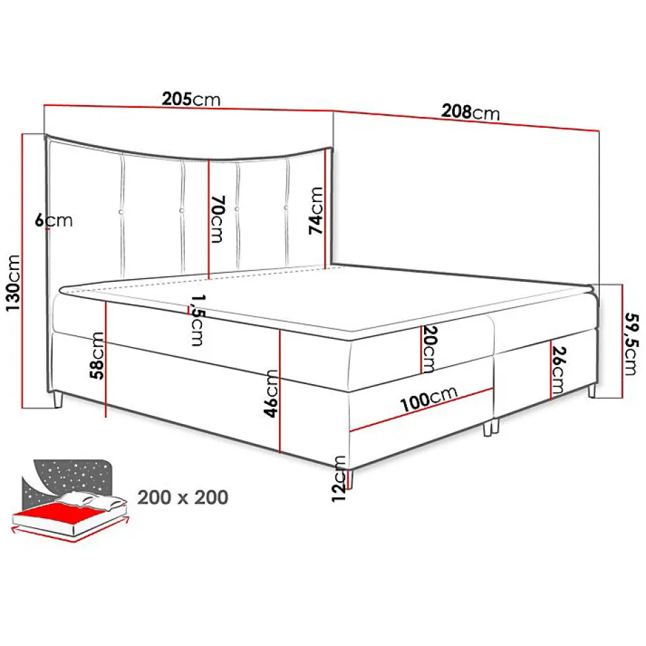 Mobilier1 Lit continental Baltimore 178, Double, Gris, Tissu, Disponible