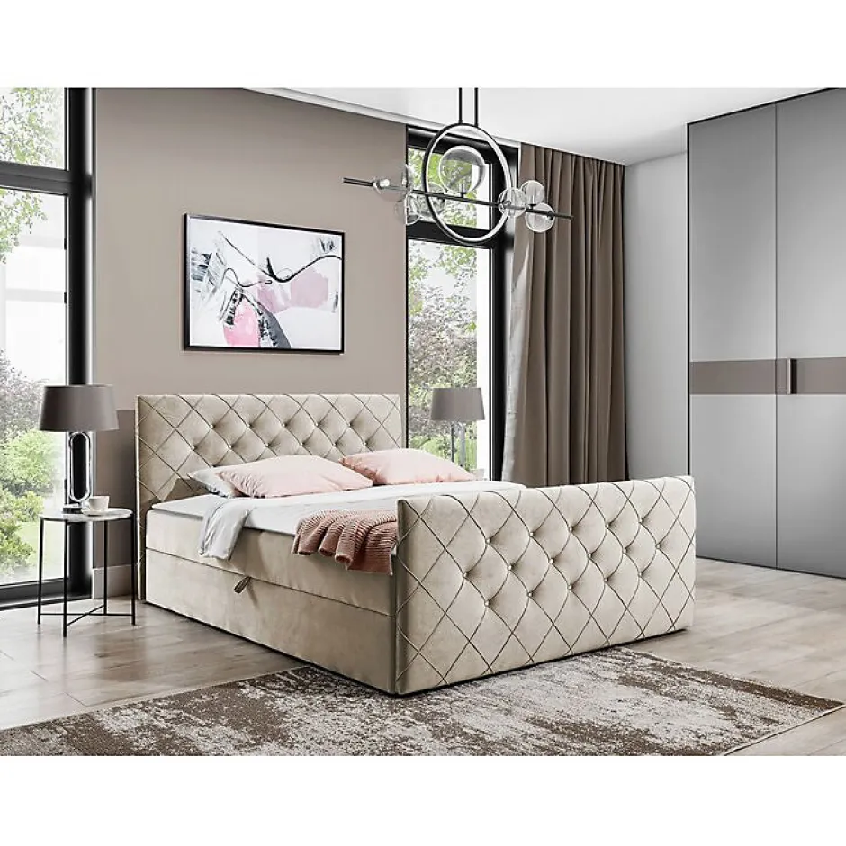 Mobilier1 Lit continental Baltimore 158, Double, Brun clair, Tissu, Disponible Clearance