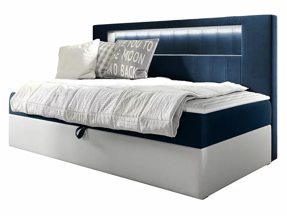 Mobilier1 Lit continental Baltimore 168, Unique, Bleu, Faux cuir, Disponible Discount