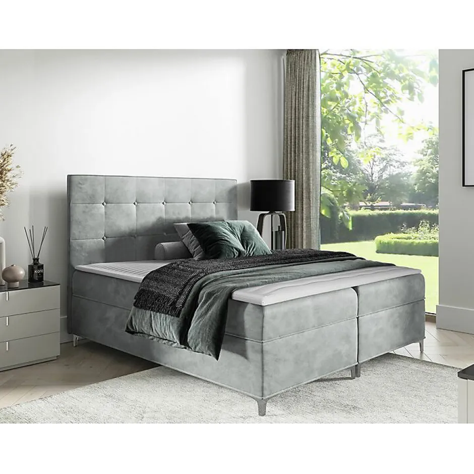 Mobilier1 Lit continental Baltimore 185, Unique, Gris, Tissu, Disponible