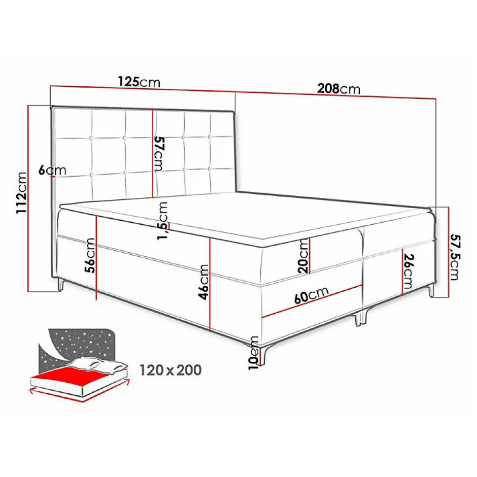 Mobilier1 Lit continental Baltimore 185, Unique, Gris, Tissu, Disponible