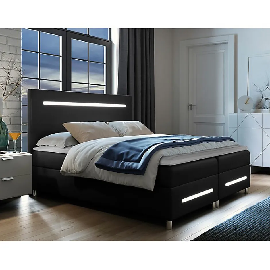 Mobilier1 Lit continental Baltimore 174, Double, Noir, Faux cuir, Disponible Online