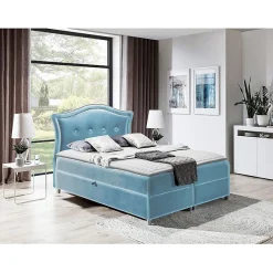 Mobilier1 Lit continental Baltimore 135, Double, Bleu, Tissu, Disponible