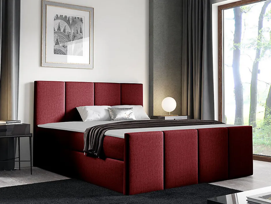 Mobilier1 Lit continental Baltimore 154, Double, Rouge, Tissu, Disponible New