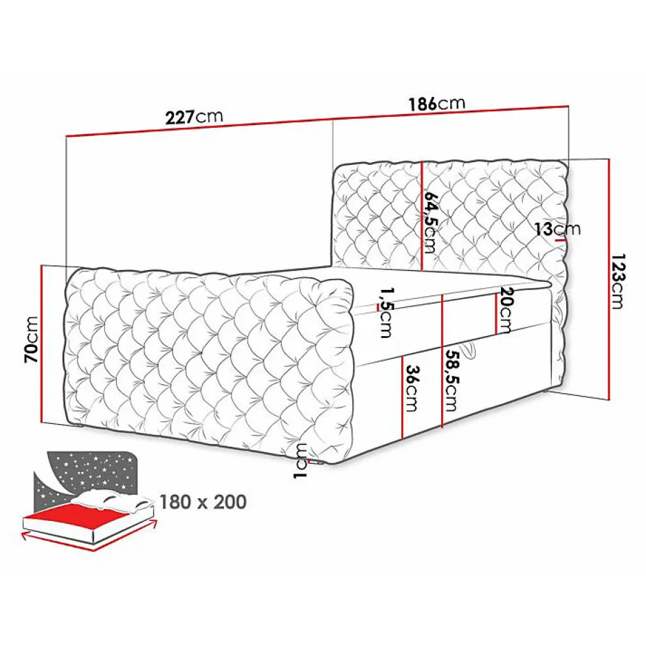 Mobilier1 Lit continental Baltimore 186, Double, Noir, Tissu, Disponible