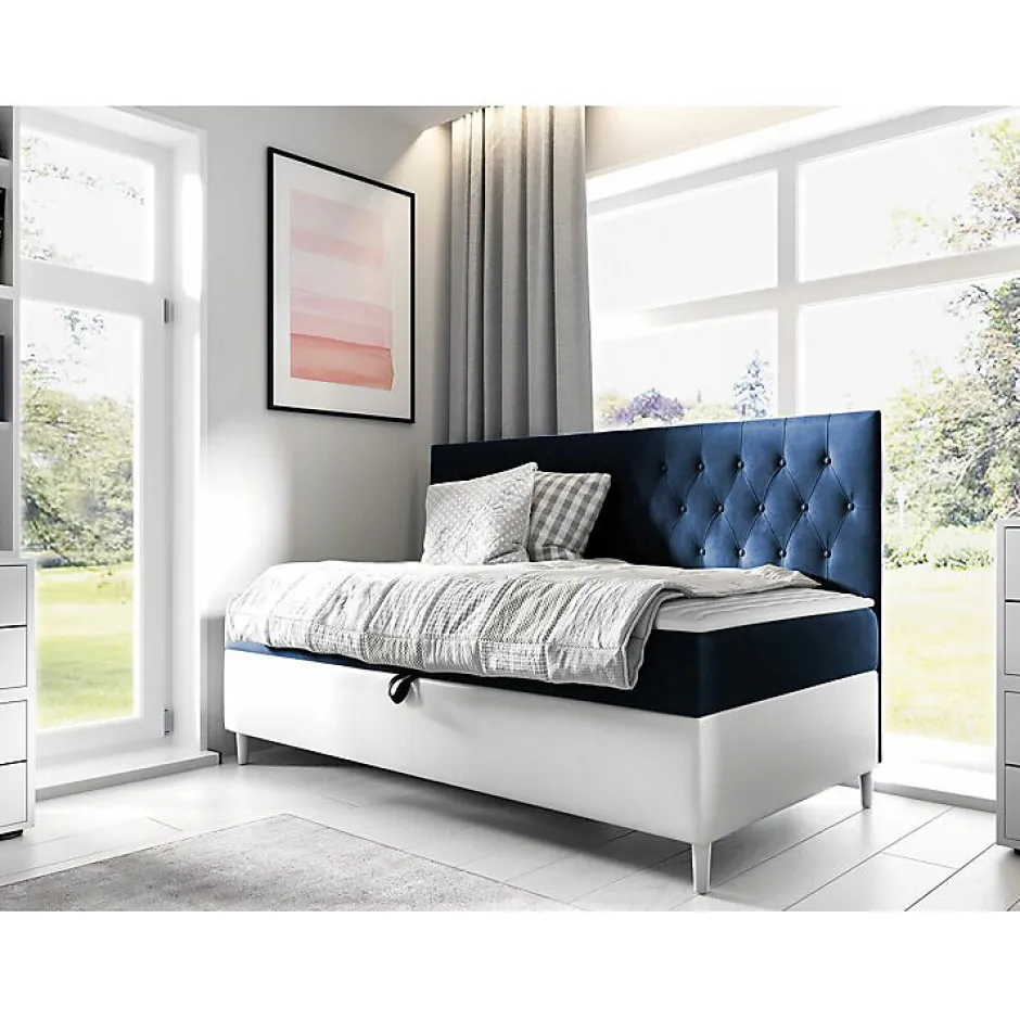 Mobilier1 Lit continental Baltimore 166, Unique, Bleu, Faux cuir, Disponible