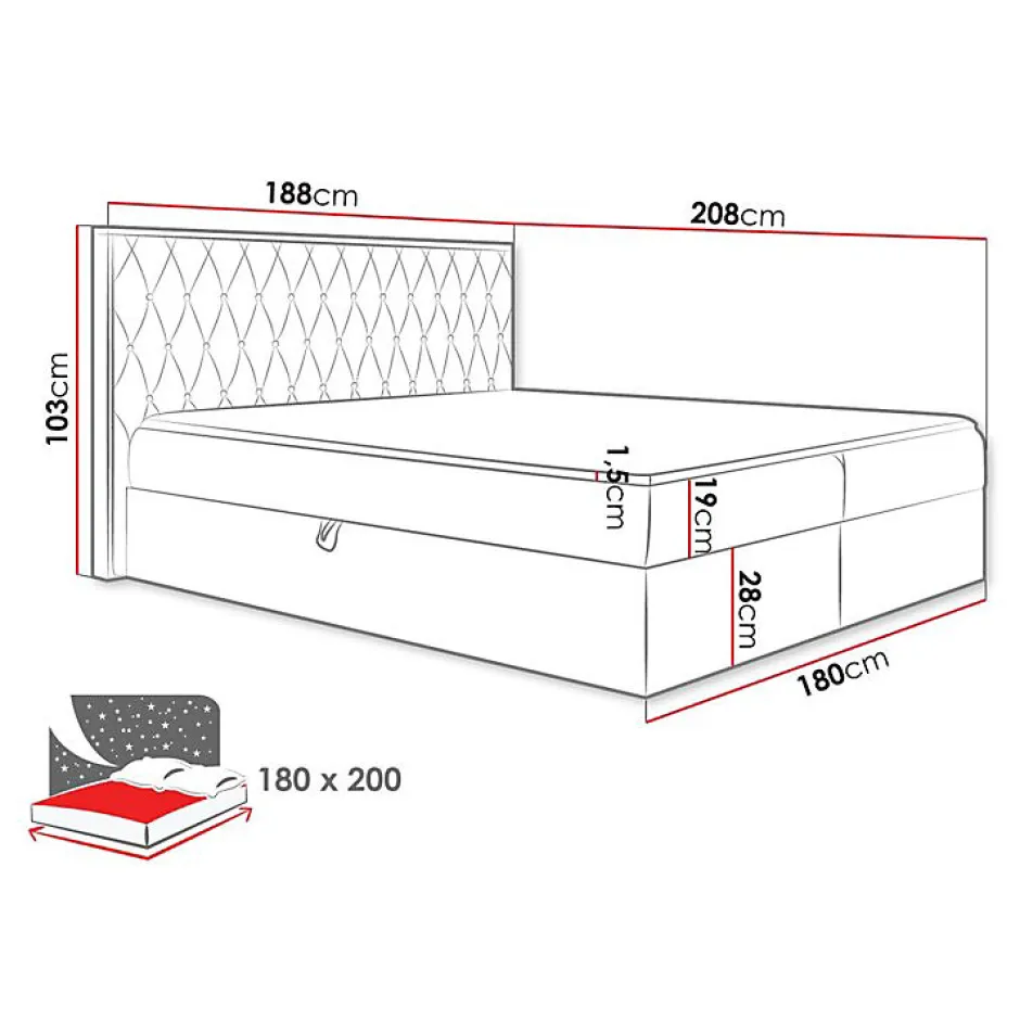 Mobilier1 Lit continental Baltimore 190, Double, Noir, Tissu, Disponible Hot
