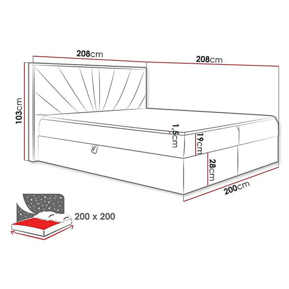Mobilier1 Lit continental Baltimore 191, Double, Noir, Tissu, Disponible