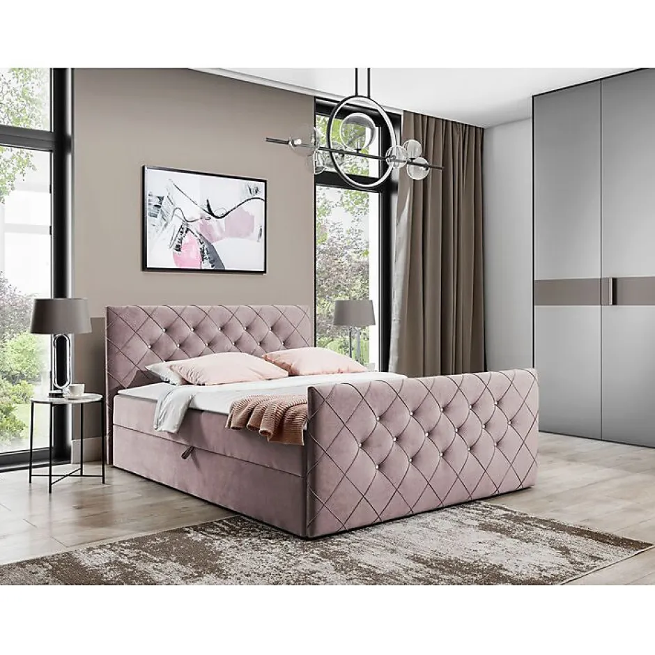 Mobilier1 Lit continental Baltimore 158, Double, Rose, Tissu, Disponible