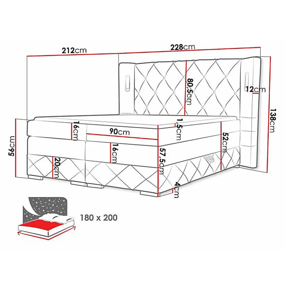 Mobilier1 Lit continental Baltimore 187, Double, Marron, Tissu, Disponible
