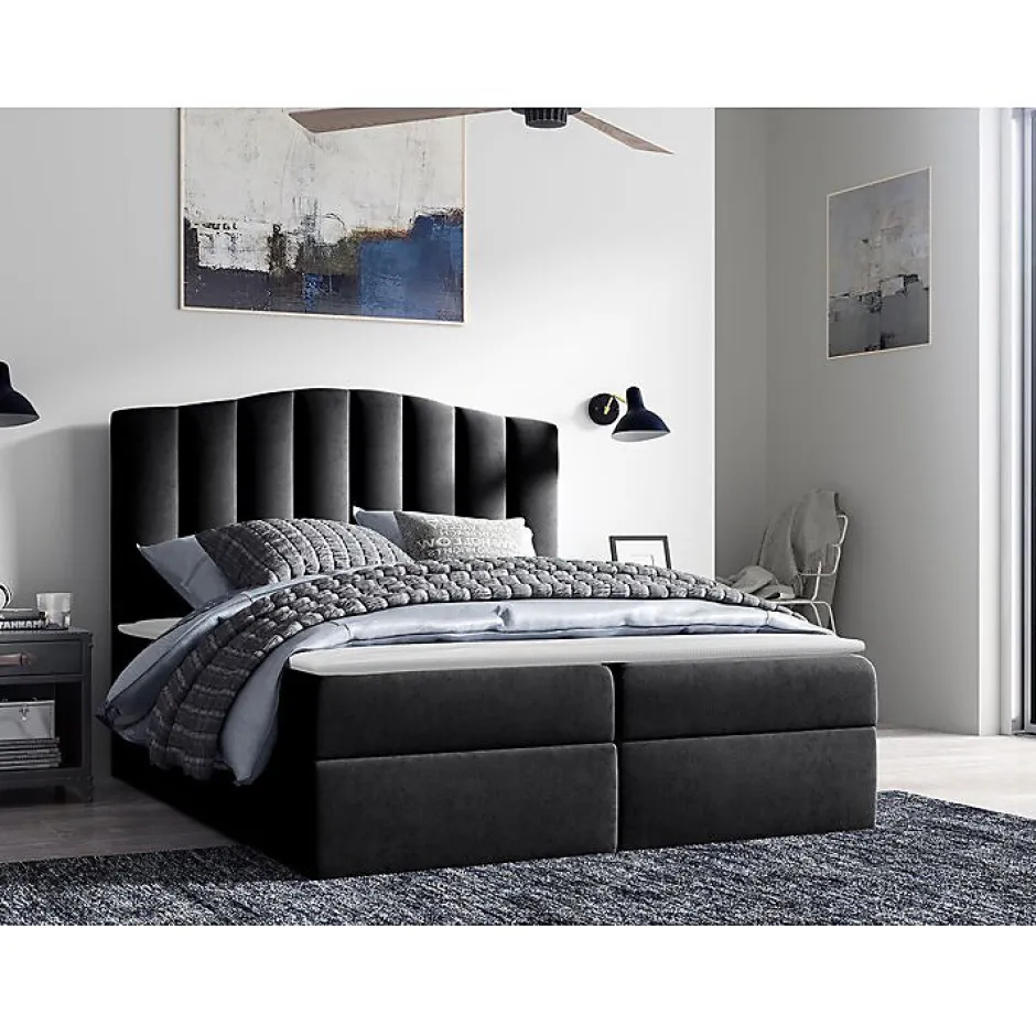 Mobilier1 Lit continental Baltimore 153, Double, Noir, Tissu, Disponible