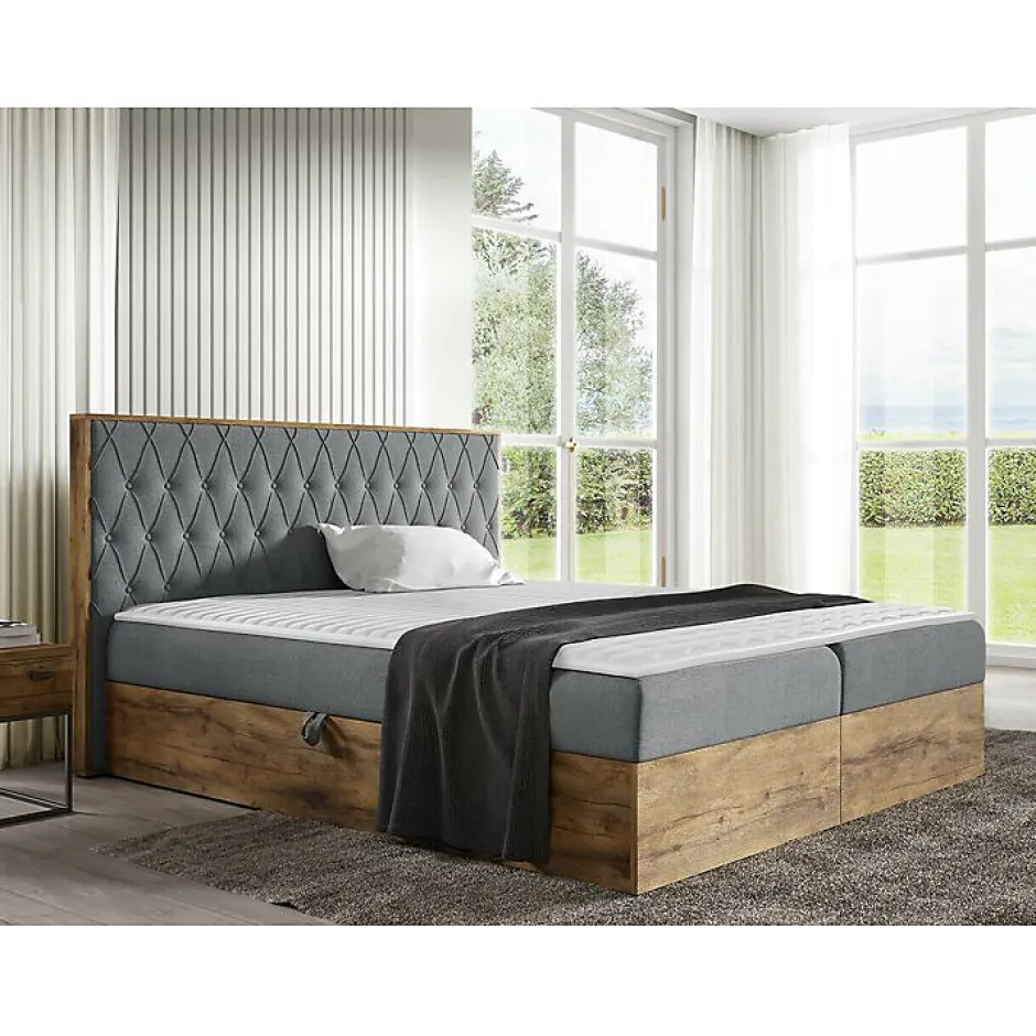 Mobilier1 Lit continental Baltimore 190, Double, Gris, Tissu, Disponible