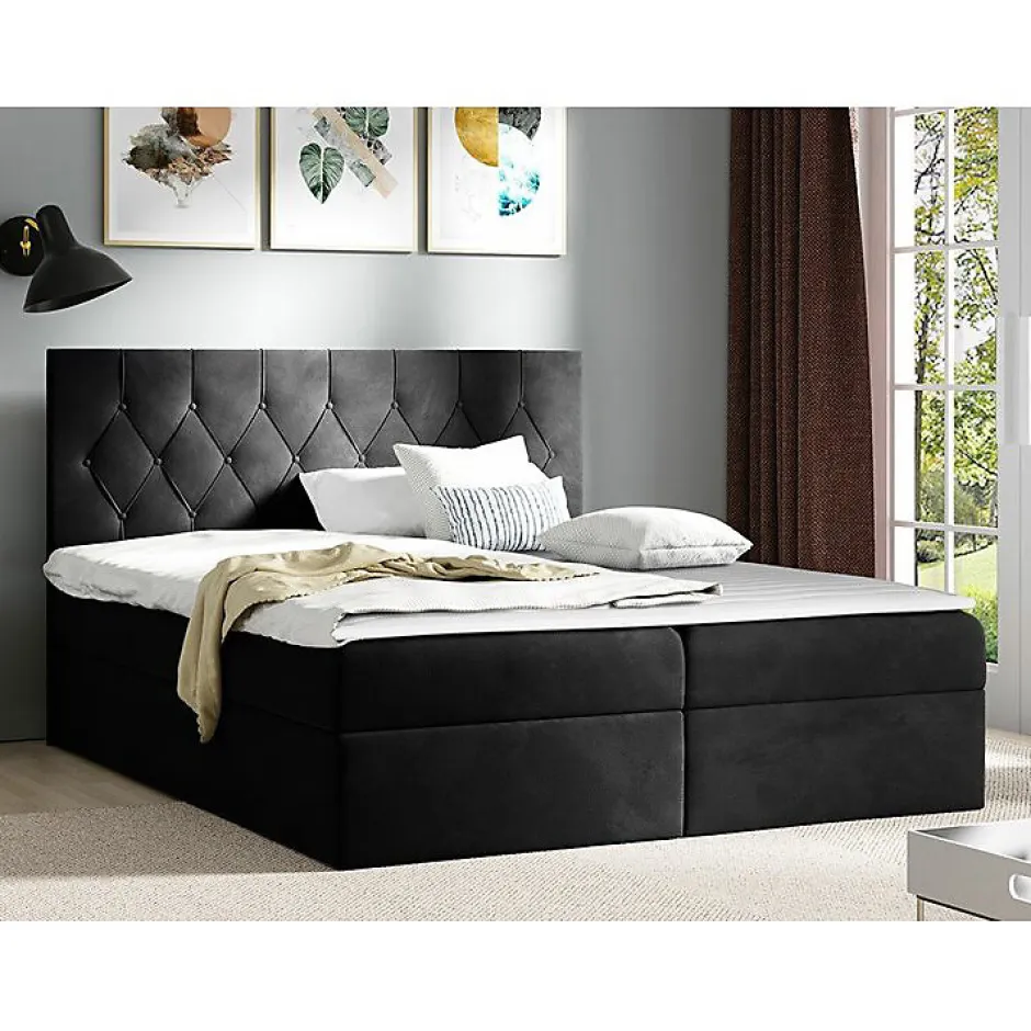 Mobilier1 Lit continental Baltimore 159, Double, Noir, Tissu, Disponible