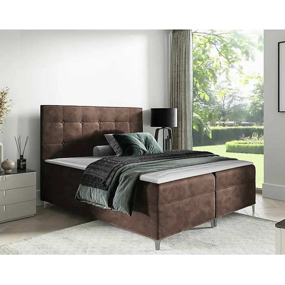 Mobilier1 Lit continental Baltimore 185, Double, Marron, Tissu, Disponible
