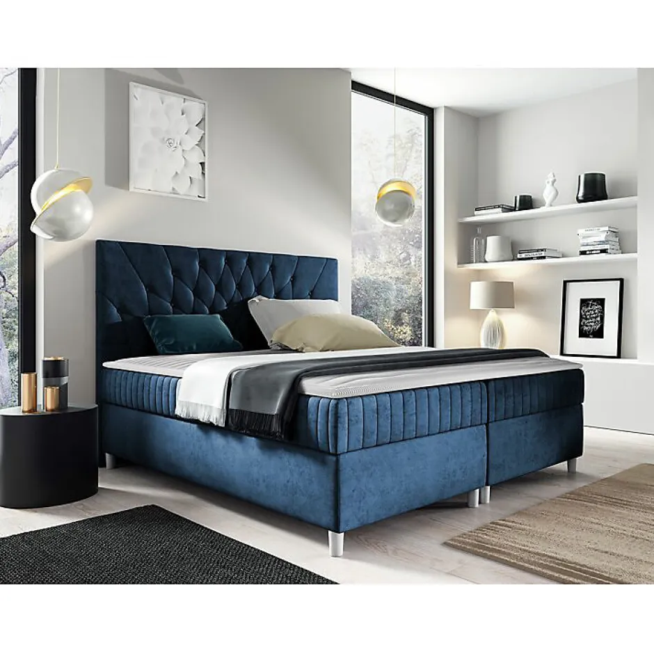 Mobilier1 Lit continental Baltimore 175, Double, Bleu, Tissu, Disponible Discount