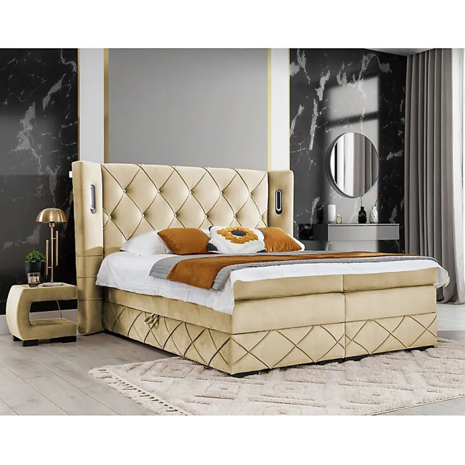 Mobilier1 Lit continental Baltimore 187, Double, Brun clair, Tissu, Disponible